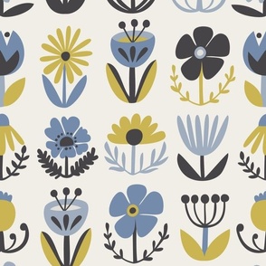 Folk Flowers in Beach Colors: Blue, Mustard Yellow, Charcoal Grey, Cream White