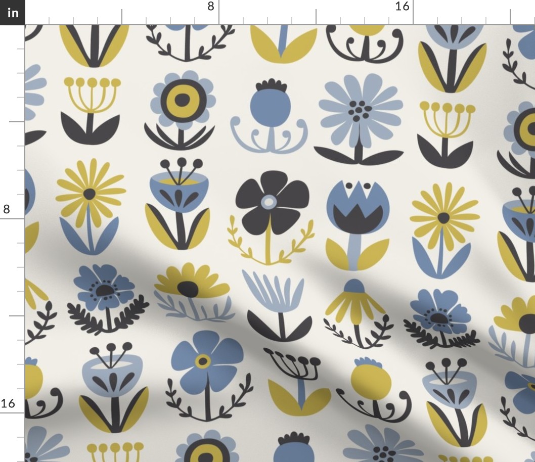 Folk Flowers in Beach Colors: Blue, Mustard Yellow, Charcoal Grey, Cream White