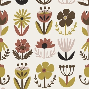 Folk Flowers in Muted Colours: Soft Red, Mustard Yellow, Brown, Light Pink