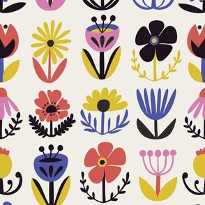 Folk Flowers in Bright Red, Blue, Yellow, Pink, Black