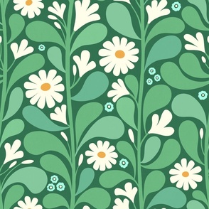 Daisy flower power climbing vine green, large scale wallpaper and fabric  