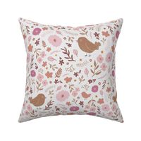 Birdy / medium scale / pink brown decorative floral pattern with birds 