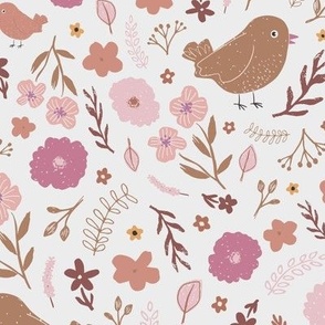 Birdy / medium scale / pink brown decorative floral pattern with birds 