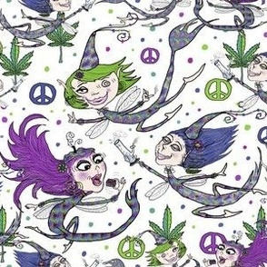 mary jane and the weed fairies, medium large scale, white pink violet fuchsia purple blue lavender green quirky fantasy