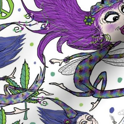 mary jane and the weed fairies, jumbo large scale, cannabis white pink violet fuchsia purple blue lavender green quirky fantasy