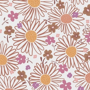 Daisy Meadow / big scale / pink yellow brown on beige abstract floral pattern