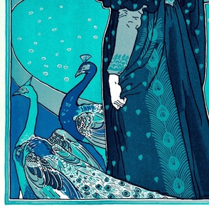 WOMAN WITH PEACOCKS IN BLUE NOUVEAU - LOUIS RHEAD