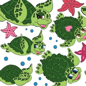 Happy Green Turtles And Starfish on White