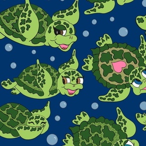 Happy Green Turtles on Nautical Blue