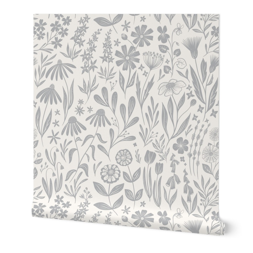 Wildflowers - grey and cream - medium scale