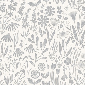 Wildflowers - grey and cream - medium scale