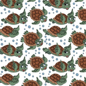 Happy Sage Turtles with Brown Shell on White -small print