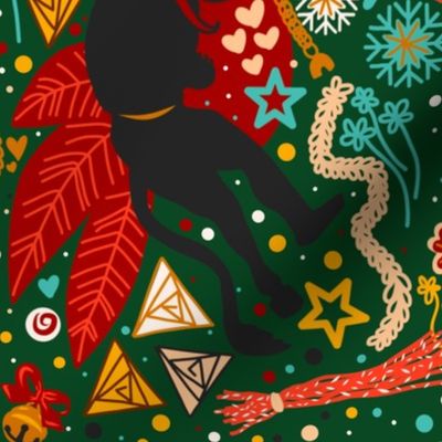 (Large Scale) Krampus Christmas Demon Maximalist Aesthetic Pattern On Dark Green Background