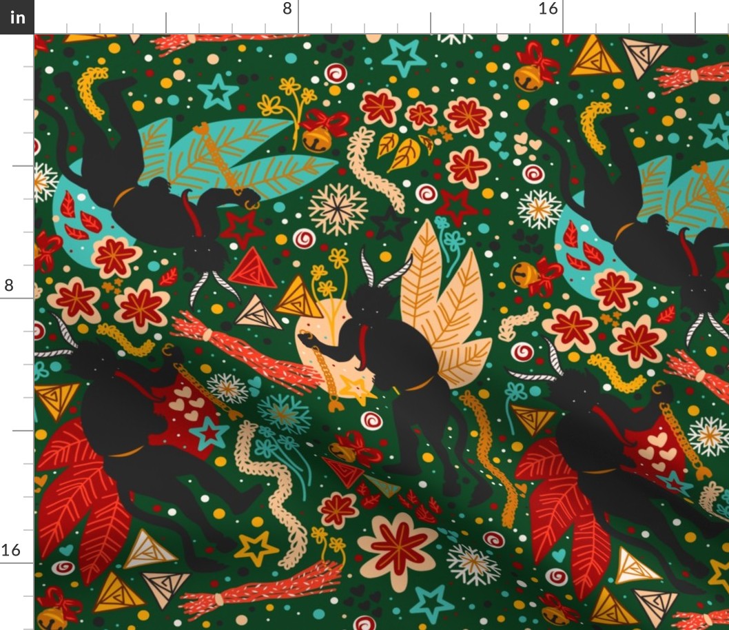 (Large Scale) Krampus Christmas Demon Maximalist Aesthetic Pattern On Dark Green Background