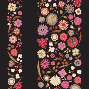 folk art embroidery floral stripe vertical - auburn fall noir