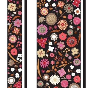 folk art embroidery floral stripe vertical - auburn fall -  black and white