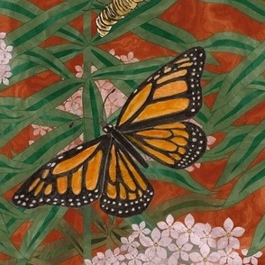 Milkweed with Monarchs, watercolor and ink, 24 inch