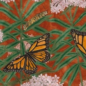 Milkweed with Monarchs, watercolor and ink, 18  inch