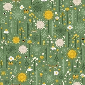 Green Floral Retro Modern Dandelion Mod Spoonflower Fabric by the Yard 