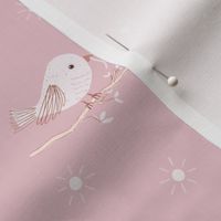 Early Bird / small scale / soft pink abstract bird pattern bird on a twig with a worm 