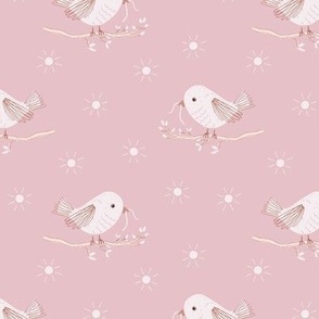 Early Bird / small scale / soft pink abstract bird pattern bird on a twig with a worm 