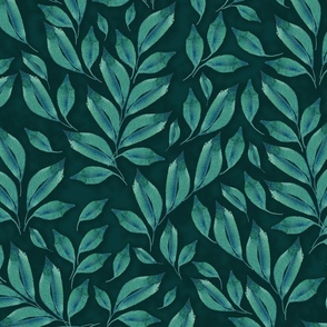 Watercolour Leafy Branches on Dark Teal Large