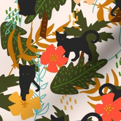 Black Cat Tropical Aesthetic Palms Summer Hawaiian Pattern Print - Cream