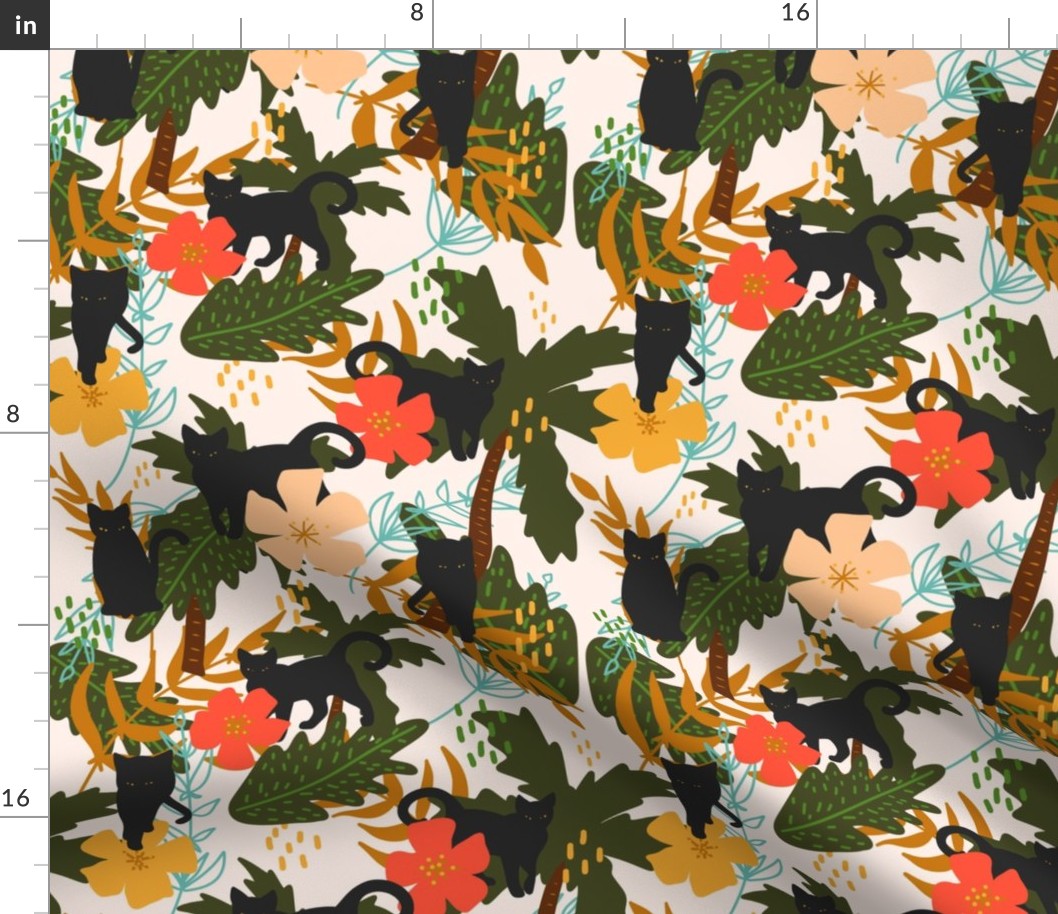 Black Cat Tropical Aesthetic Palms Summer Hawaiian Pattern Print - Cream