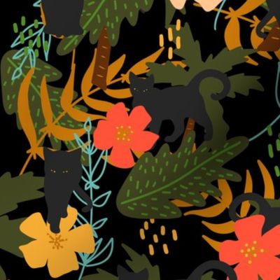Black Cat Tropical Aesthetic Palms Summer Hawaiian Pattern Print - Black