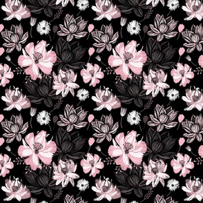 Pink Floral Abstract Pattern on a Black Background