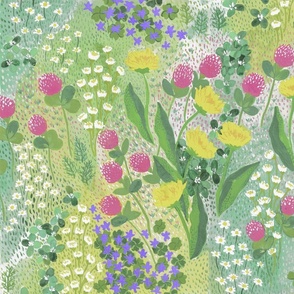 Whimsical artistic watercolor and acrylic painted colorful meadow floral repeat pattern featuring weeds such as yellow dandelion, pink clover flowers, white daisy and ditsy purple flowers on green background JUMBO SIZE