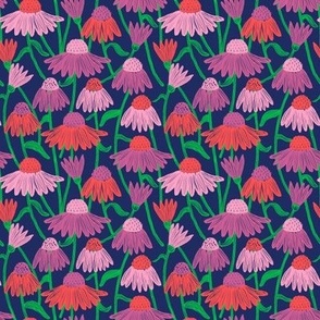 Wood Cut Coneflower Field, Purple Pink on Navy by Brittanylane