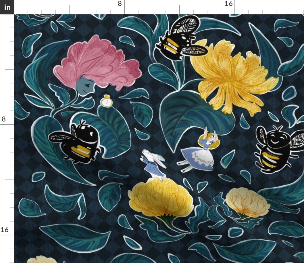 weeds & bees in wonderland _ teal & navy _ large scale