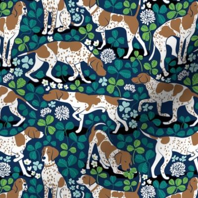 Small scale // Looking for the four leaf clover // midnight navy blue background bronze English Pointer dog breed green leaves white clover flowers