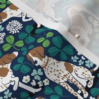 Small scale // Looking for the four leaf clover // midnight navy blue background bronze English Pointer dog breed green leaves white clover flowers