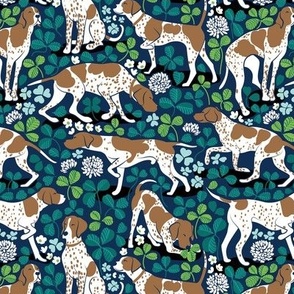 Small scale // Looking for the four leaf clover // midnight navy blue background bronze English Pointer dog breed green leaves white clover flowers
