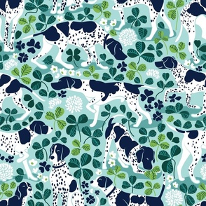 Normal scale // Looking for the four leaf clover // aqua background oxford navy blue English Pointer dog breed green leaves white clover flowers