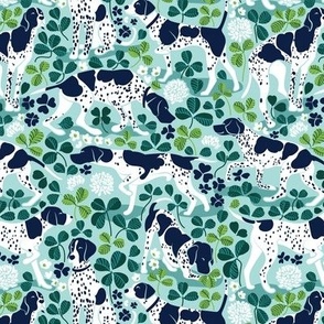 Small scale // Looking for the four leaf clover // aqua background oxford navy blue English Pointer dog breed green leaves white clover flowers