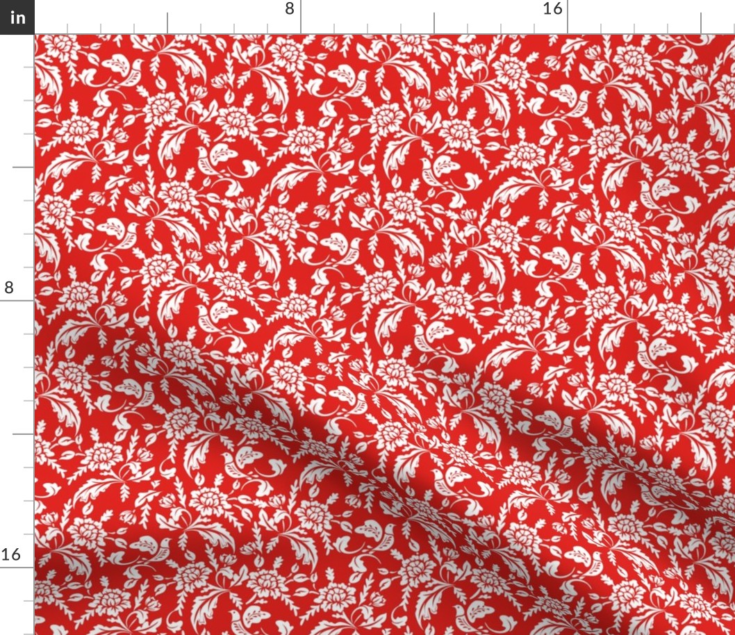 Luxe Maxima- Folk Florals and Birds- White Red- Small Scale