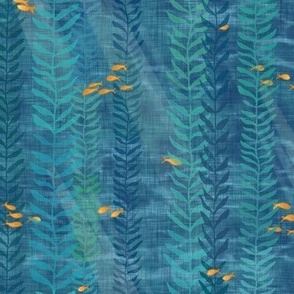 Kelp Forest in Blue and Gold | Sunlight, seaweed and ocean fish, water fabric, sea fabric, ocean decor, aqua and gold, bathroom wallpaper, seaside, beach wear.