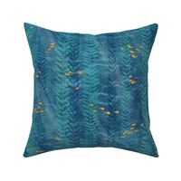 Kelp Forest in Blue and Gold (large scale) | Sunlight, seaweed and ocean fish, water fabric, sea fabric, ocean decor, aqua and gold, bathroom wallpaper, seaside, beach wear.
