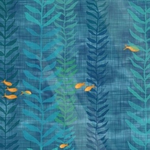 Kelp Forest in Blue and Gold (large scale) | Sunlight, seaweed and ocean fish, water fabric, sea fabric, ocean decor, aqua and gold, bathroom wallpaper, seaside, beach wear.