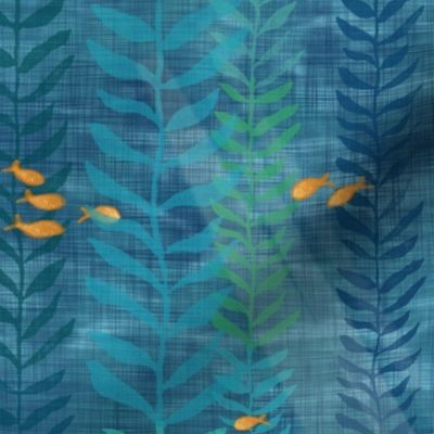 Kelp Forest in Blue and Gold (xl scale) | Sunlight, seaweed and ocean fish, water fabric, sea fabric, ocean decor, aqua and gold, bathroom wallpaper, seaside, beach wear.