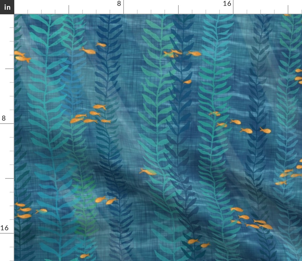 Kelp Forest in Blue and Gold (xl scale) | Sunlight, seaweed and ocean fish, water fabric, sea fabric, ocean decor, aqua and gold, bathroom wallpaper, seaside, beach wear.