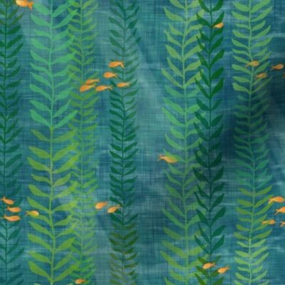 Kelp Forest in Teal and Gold | Sunlight, seaweed and ocean fish, water fabric, sea fabric, ocean decor, green and gold bathroom wallpaper, seaside, beach wear.