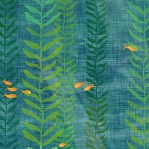 Kelp Forest in Teal and Gold (large scale) | Sunlight, seaweed and ocean fish, water fabric, sea fabric, ocean decor, green and gold bathroom wallpaper, seaside, beach wear.