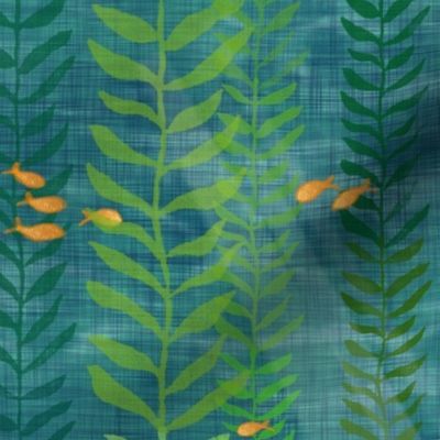 Kelp Forest in Teal and Gold (xl scale) | Sunlight, seaweed and ocean fish, water fabric, sea fabric, ocean decor, green and gold bathroom wallpaper, seaside, beach wear.