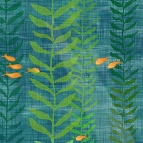 Kelp Forest in Teal and Gold (xl scale) | Sunlight, seaweed and ocean fish, water fabric, sea fabric, ocean decor, green and gold bathroom wallpaper, seaside, beach wear.
