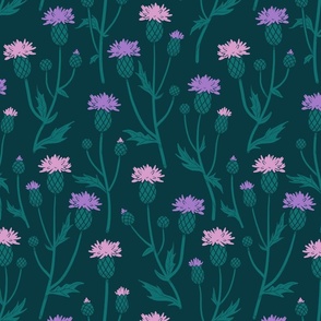 Thistle pink and lilac on dark green