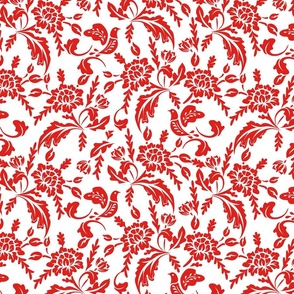 Luxe Maxima- Folk Florals and Birds- Red White- Regular Scale